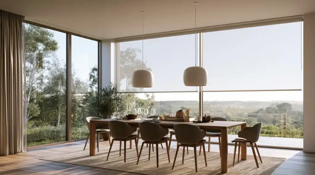 Gardinløsning til store panoramavinduer i en moderne spisestue
