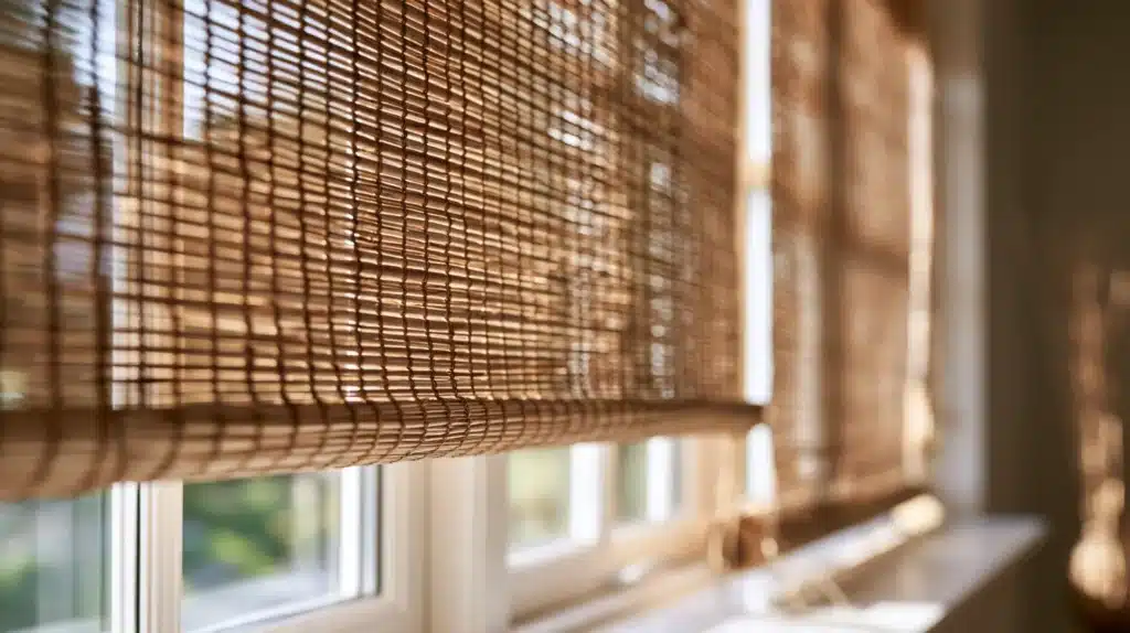 Detalje af et bambusgardin med vævet struktur ved et vindue