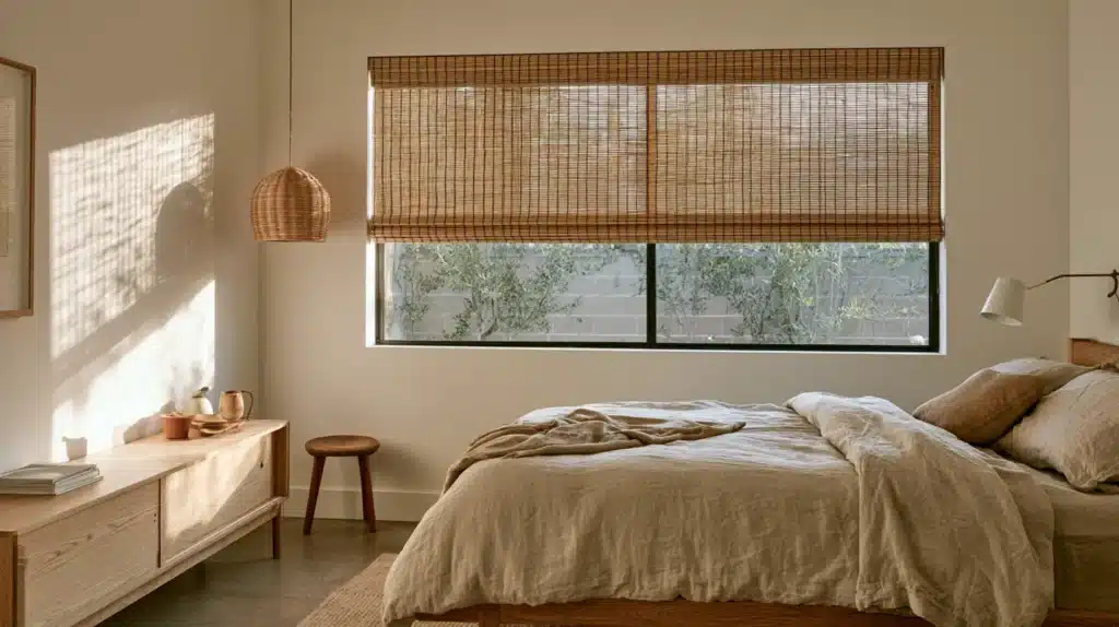 Bambusgardiner i et lyst soveværelse med store vinduer