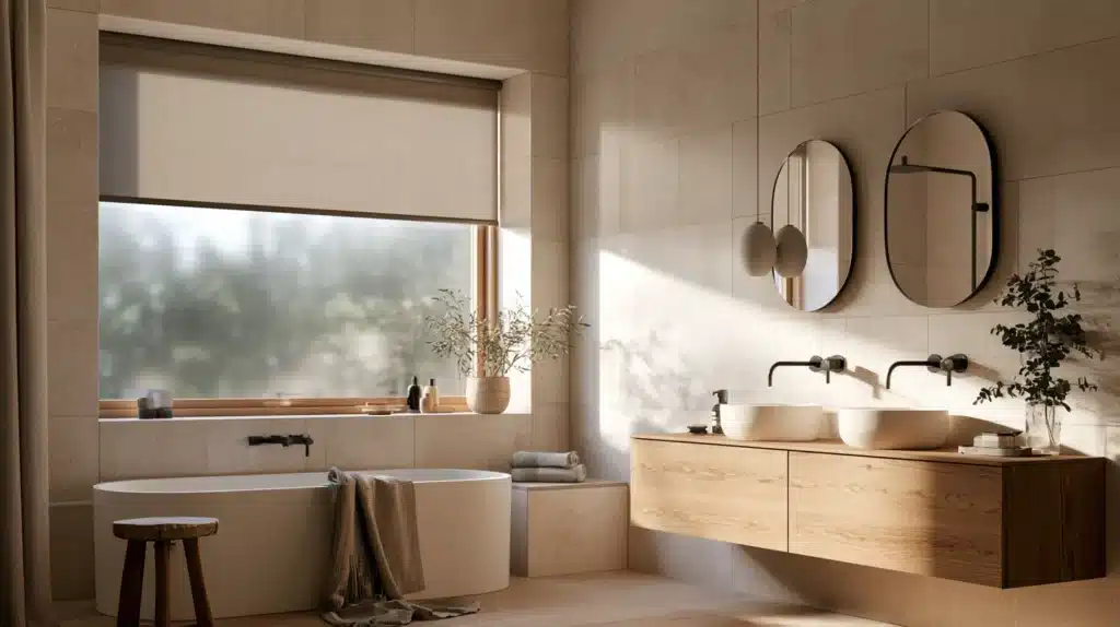 Moderne badeværelse med beige rullegardin over et bredt vindue og fritstående badekar.