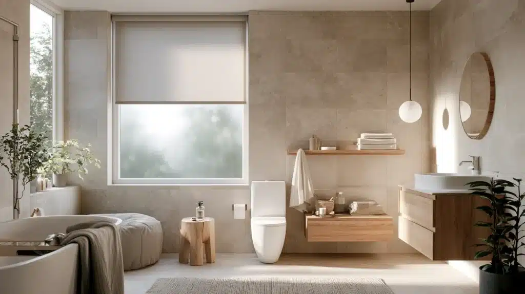 Lyst badeværelse med beige rullegardin foran et stort vindue ved siden af badekarret.