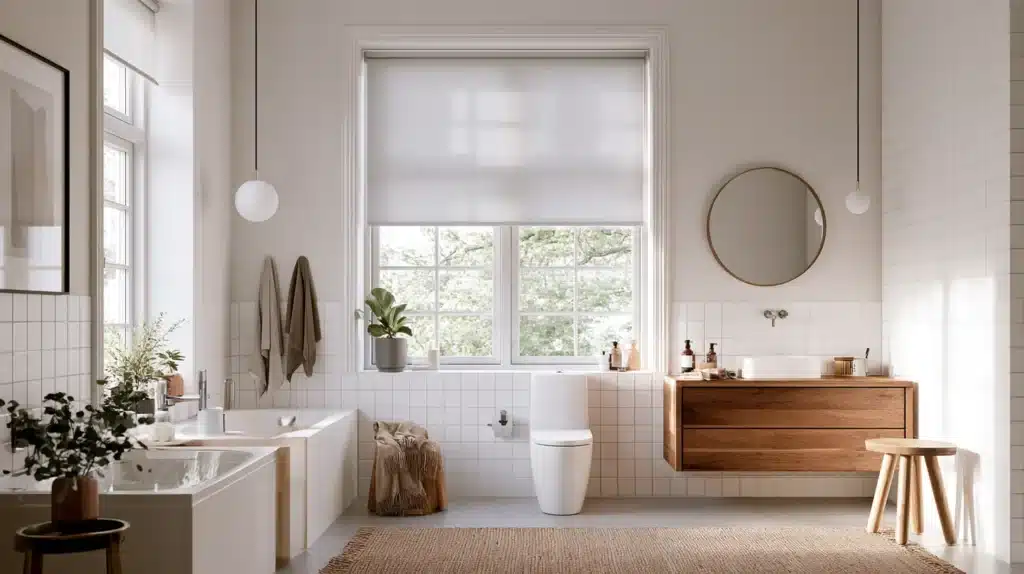 Lyst badeværelse med beige rullegardin foran et klassisk sprosset vindue og træmøbel under spejlet.