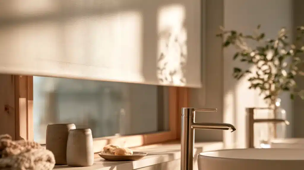 Nærbillede af et beige rullegardin over et vindue ved en håndvask med armatur.