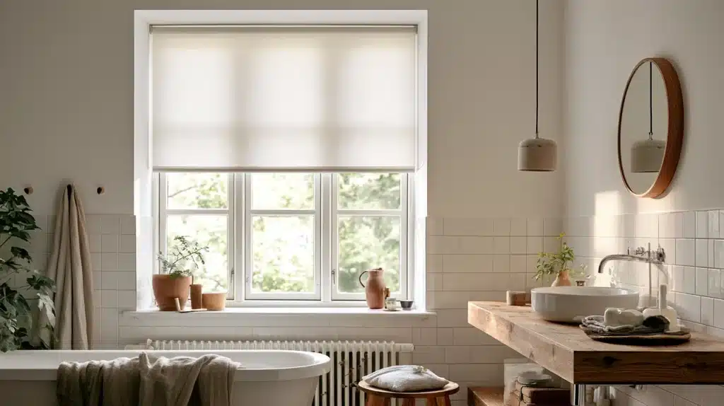 Badeværelse med beige rullegardin over et sprosset vindue, radiator under vinduet og træbord ved siden af.