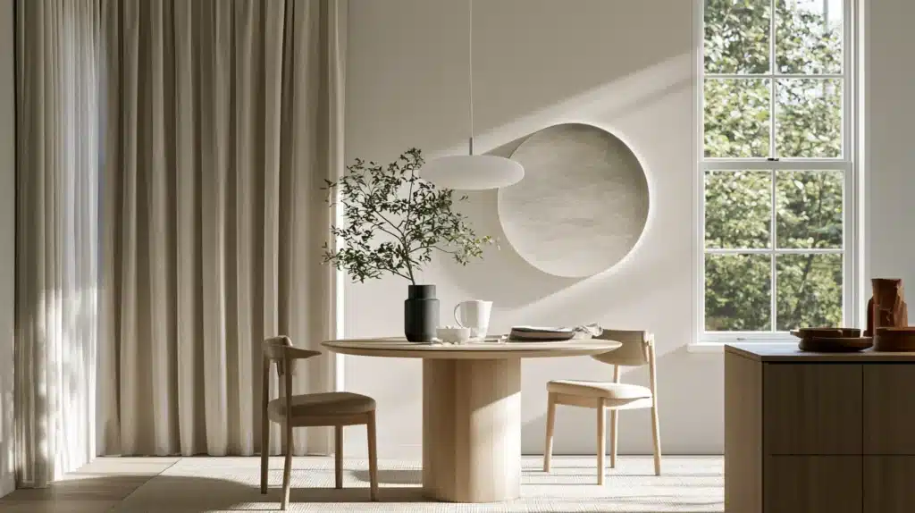 Beige gardiner i en moderne spisestue med naturligt lys