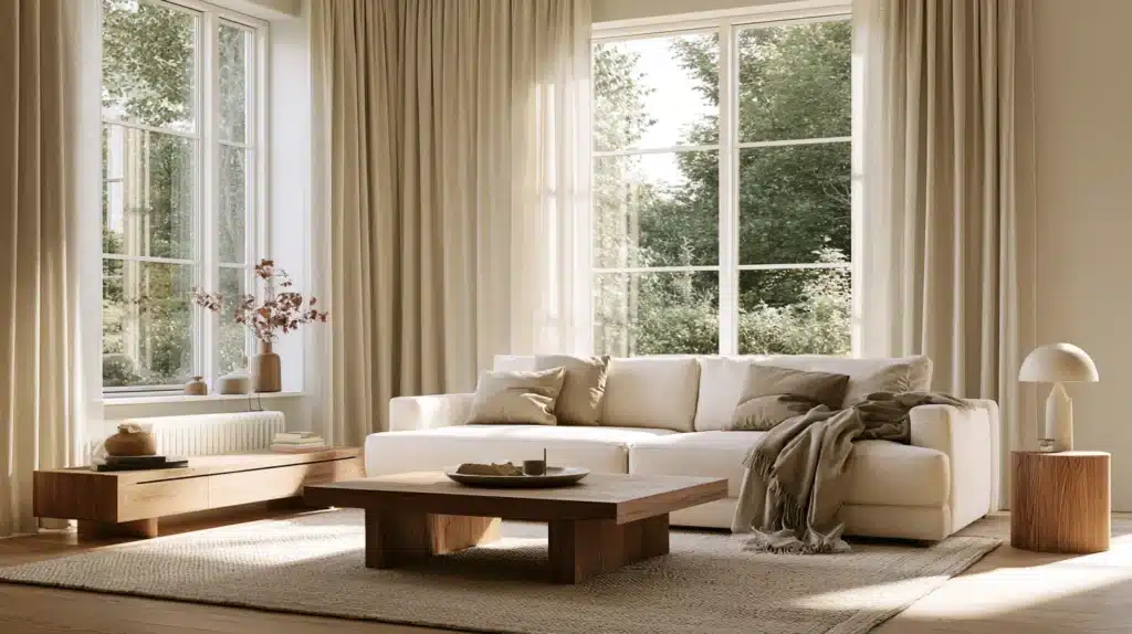 Beige gardiner i en lys stue med store hjørnevinduer