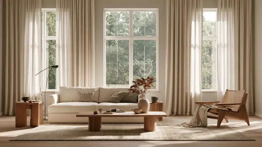 Beige gardiner i en moderne stue med store vinduer