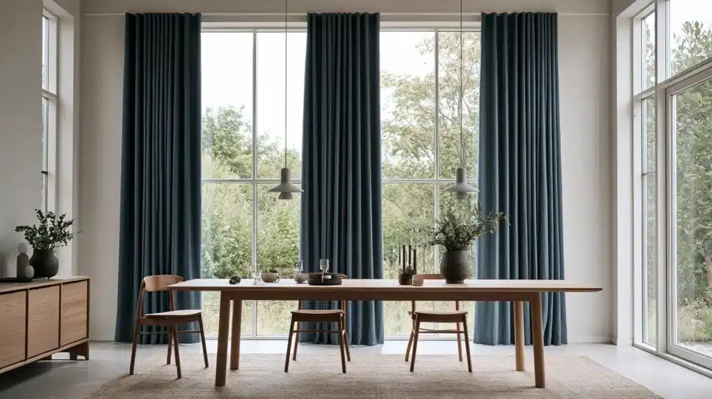 Mørkeblå gardiner i en spisestue med store panoramavinduer