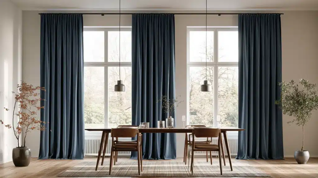 Blå gardiner omkring store vinduer i en moderne spisestue