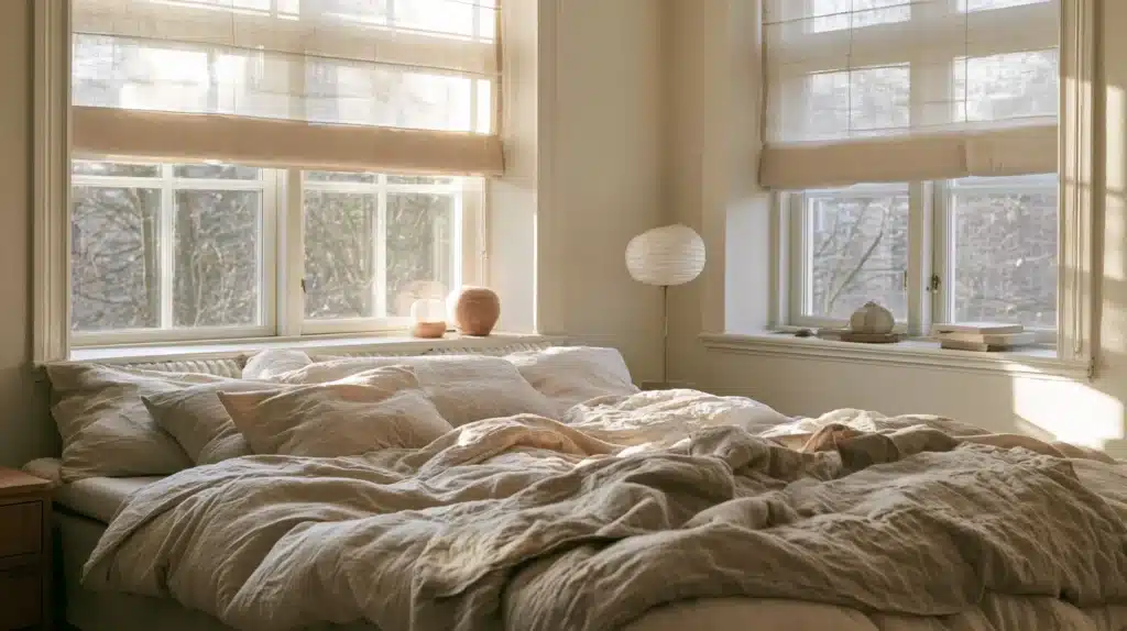 Beige foldegardiner ved et dobbeltvindue i et lyst soveværelse.