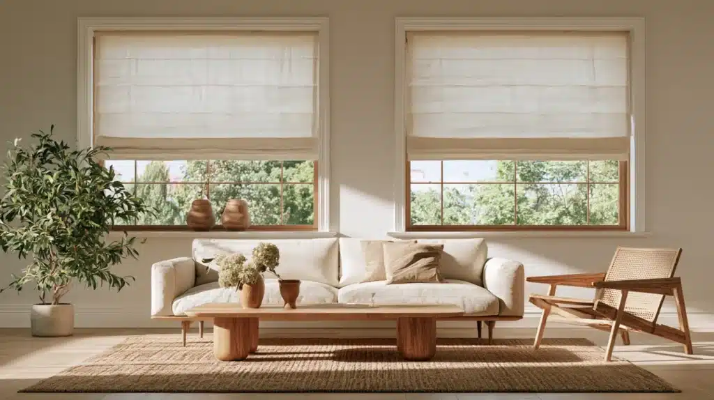 Beige foldegardiner i en lys stue med to vinduer og sofa.