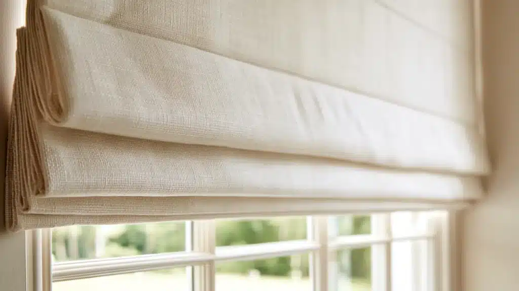 Nærbillede af beige foldegardin i et lyst vindue.