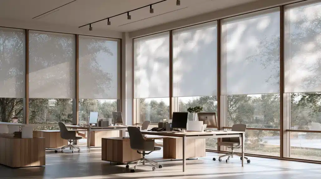 Moderne kontor med store vinduer, lyse rullegardiner, skriveborde og dagslys.