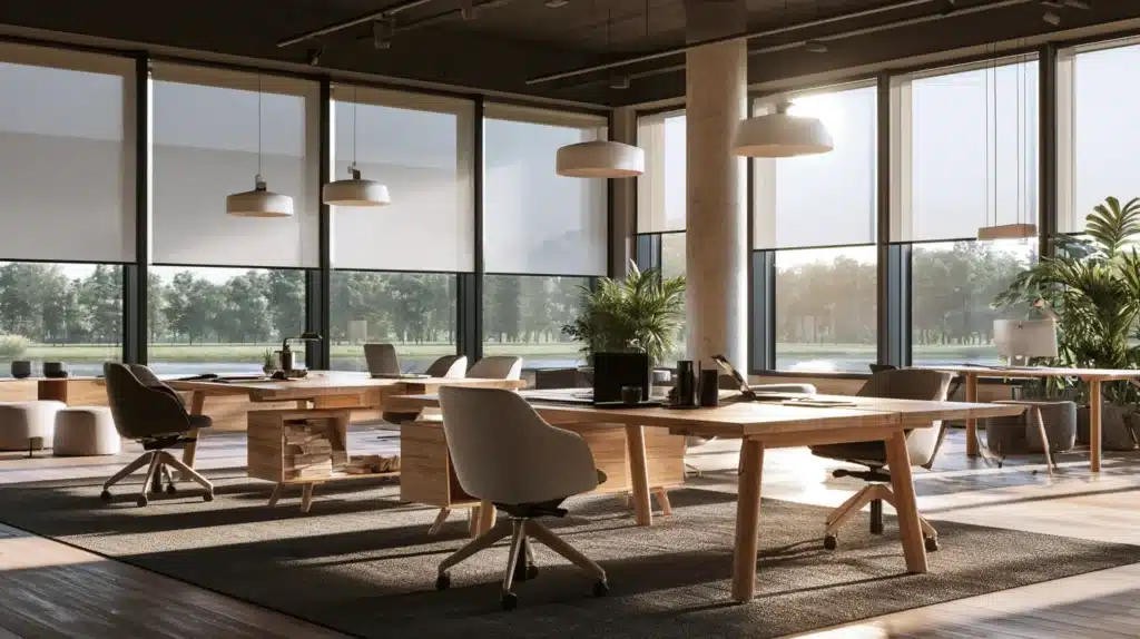Åbent kontorlandskab med store vinduer, arbejdsborde og lyse solafskærmninger.