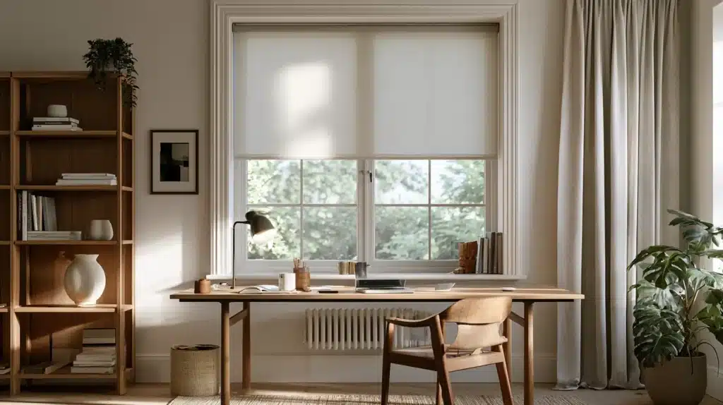 Hjemmekontor med et lyst rullegardin, sidegardin, skrivebord og udsigt gennem vinduet.