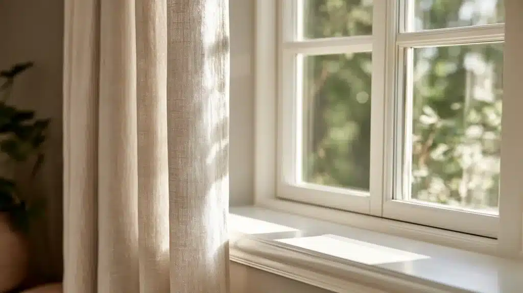 Et lille hvidt vindue ses bag et lyst, beige stofgardin med blødt dagslys udefra.