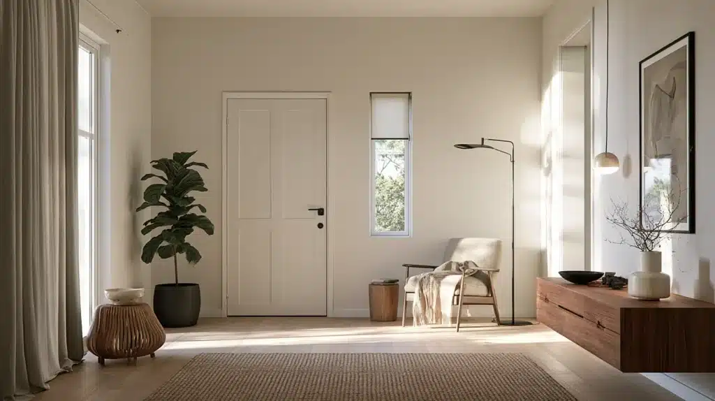 Lange lyse gardiner hænger ved siden af et smalt vindue i en lys, minimalistisk stue.