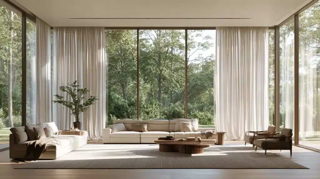 Lette gardiner foran store panoramavinduer i en lys stue med sofaer og udsigt til grønne omgivelser.