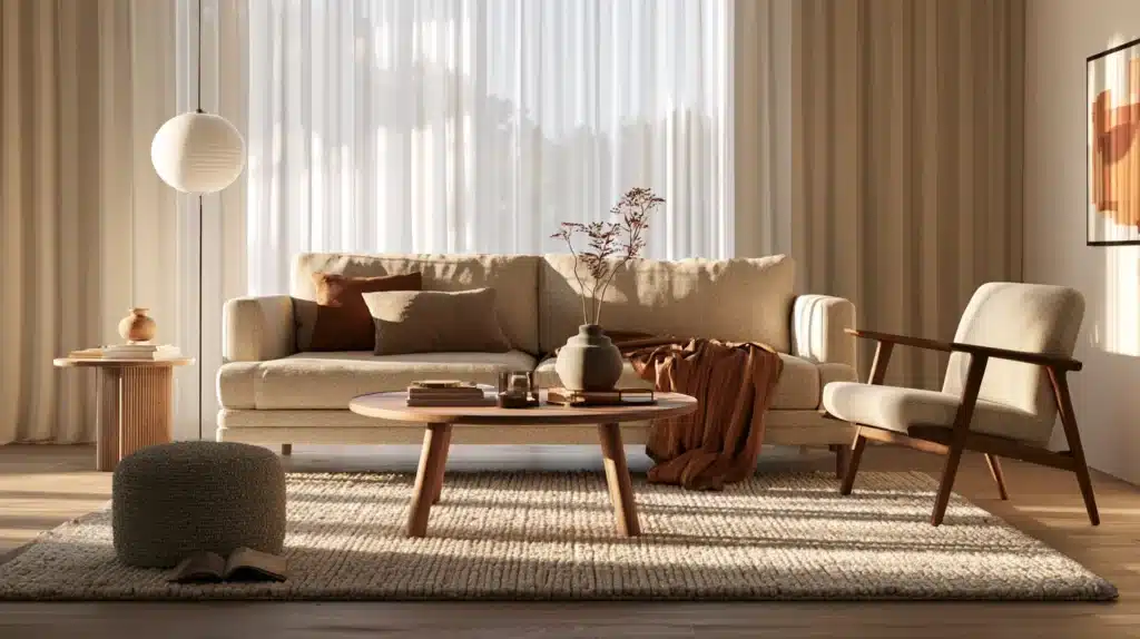Varmt indrettet stue med gulv-til-loft-gardiner, beige sofa og træmøbler.