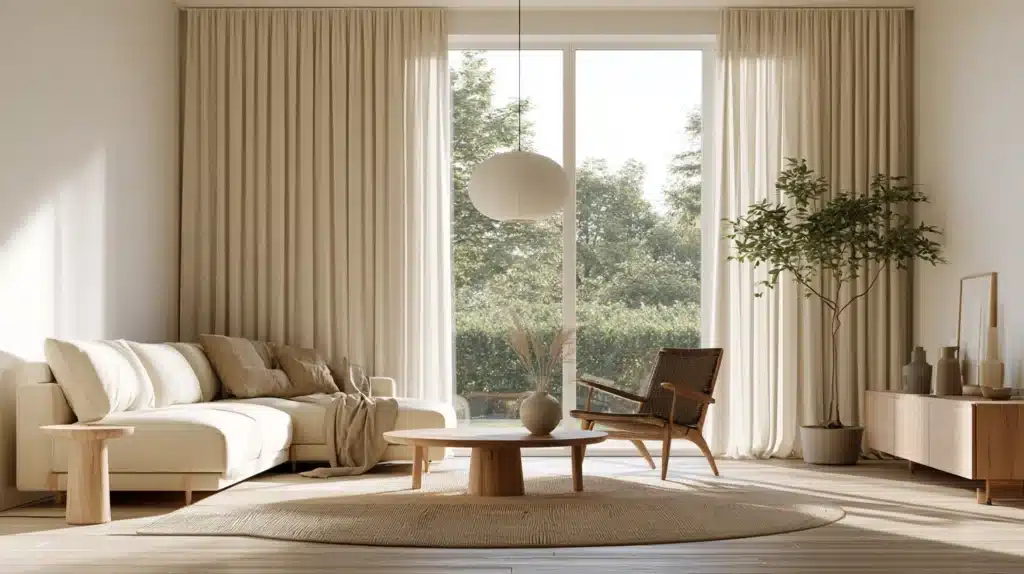 Lys stue med beige gardiner omkring en stor glasdør og udsigt til haven.