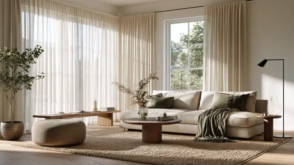 Moderne stue med lyse gardiner langs hjørnevinduer, beige sofa og stort gulvtæppe.