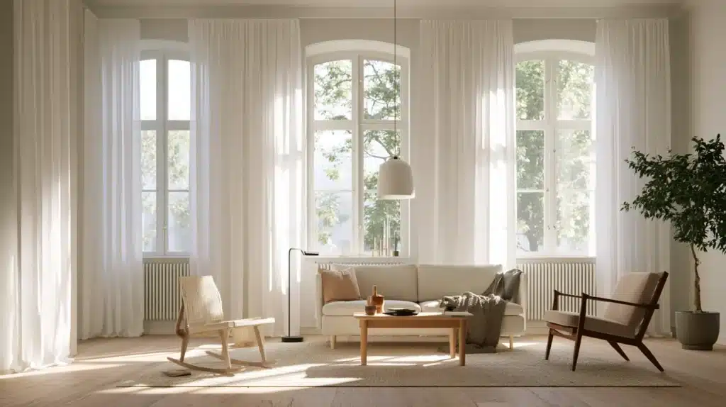 Lys stue med lange, hvide gardiner foran høje vinduer og en beige sofa.