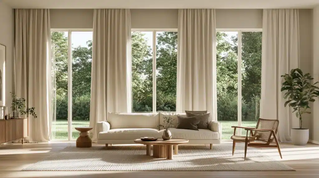 Lyse beige gardiner fra loft til gulv i en moderne stue med store vinduespartier.
