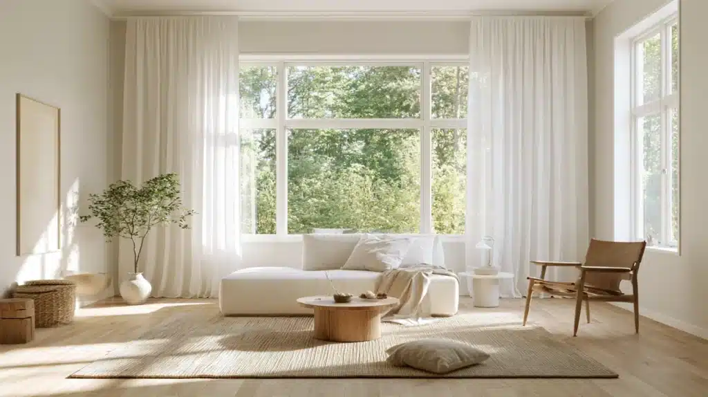 Lys stue med hvide gardiner omkring store vinduer, en beige sofa og en lænestol.
