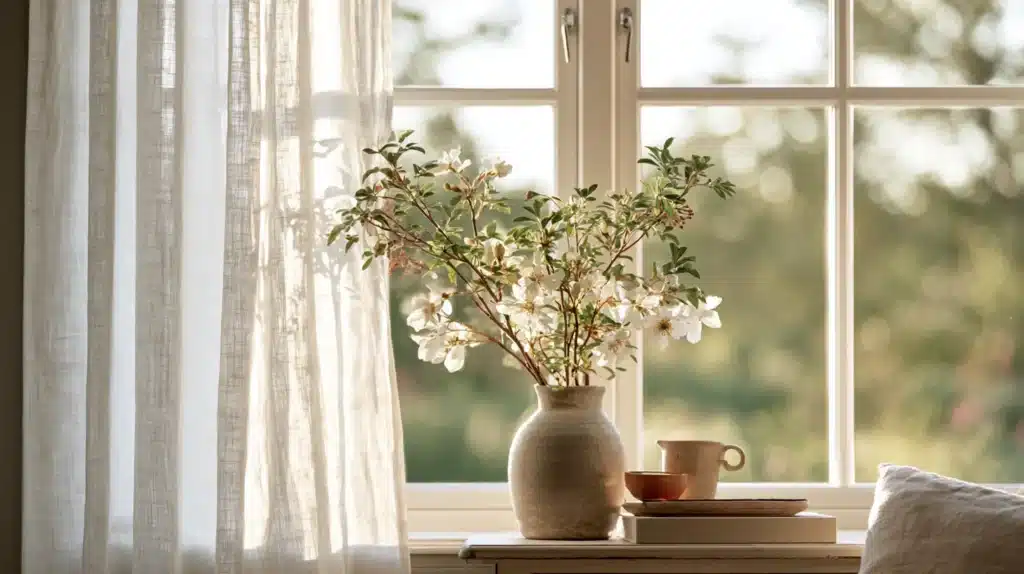 Lette gardiner foran et vindue med en vase med blomstrende grene i forgrunden.
