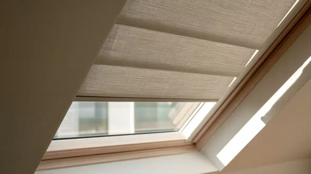Nærbillede af et lyst beige stofgardin i et tagvindue med dagslys udefra.