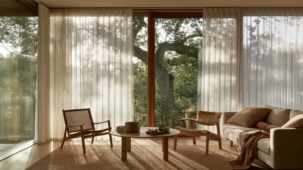Udestue med lange, gennemsigtige gardiner foran store glaspartier, træmøbler og beige sofa.