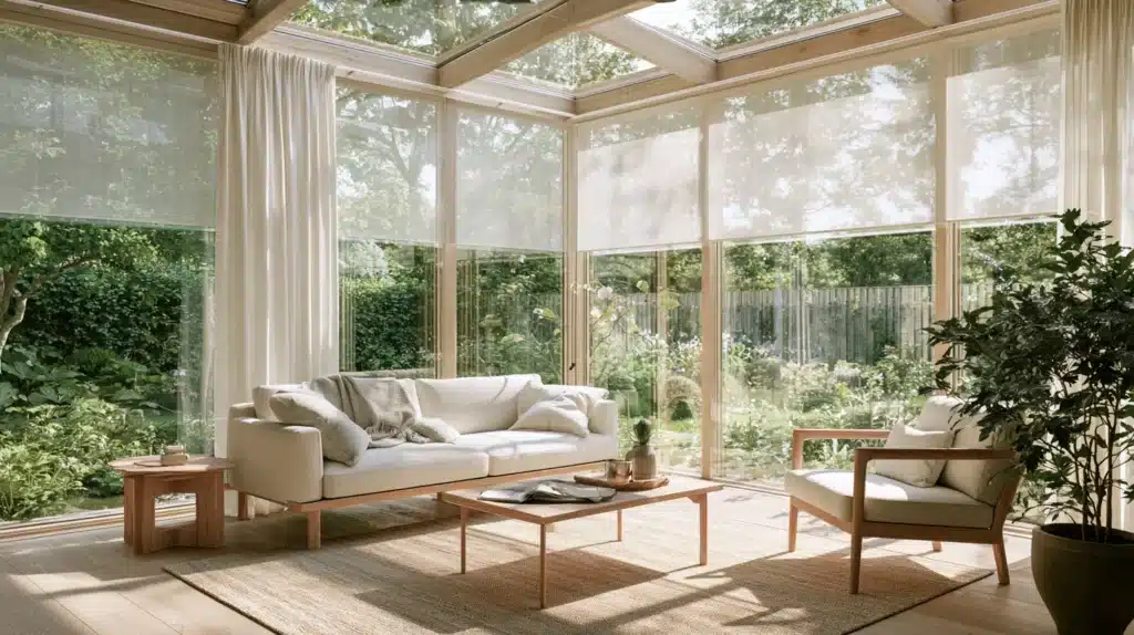 Lys udestue med hvide gardiner, store glaspartier, ovenlys, sofa og grønne planter.