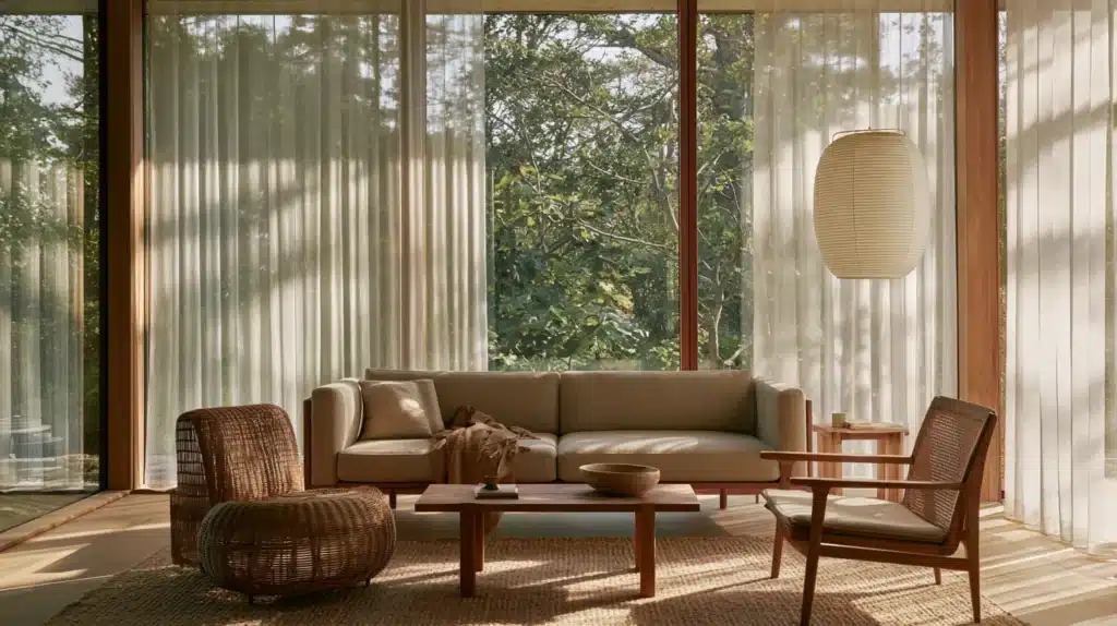 Lys udestue med transparente stofgardiner, beige sofa, kurvestole og udsigt til haven.