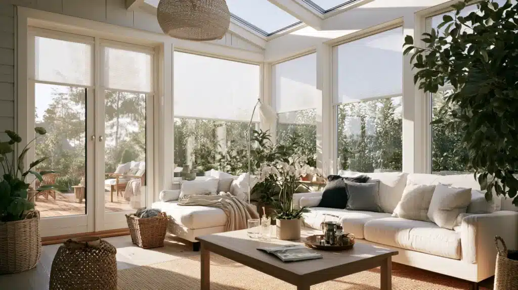 Lys udestue med hvide plisségardiner i vinduerne, stor sofa, planter og ovenlys.