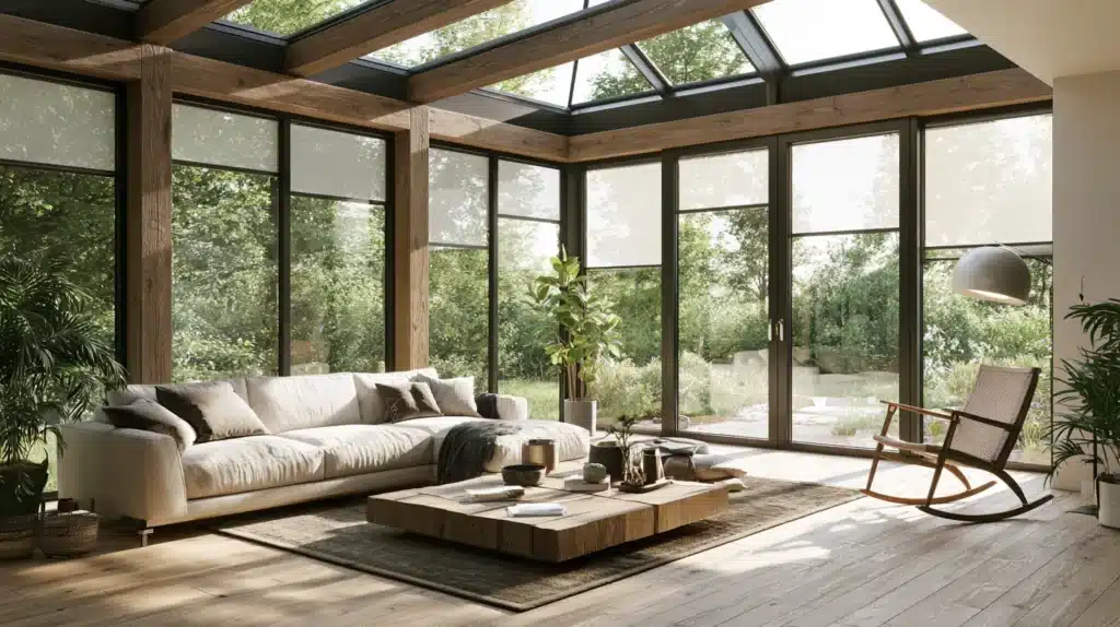 Moderne udestue med mørke vinduesrammer, rullegardiner, træbjælker, sofa og gyngestol.