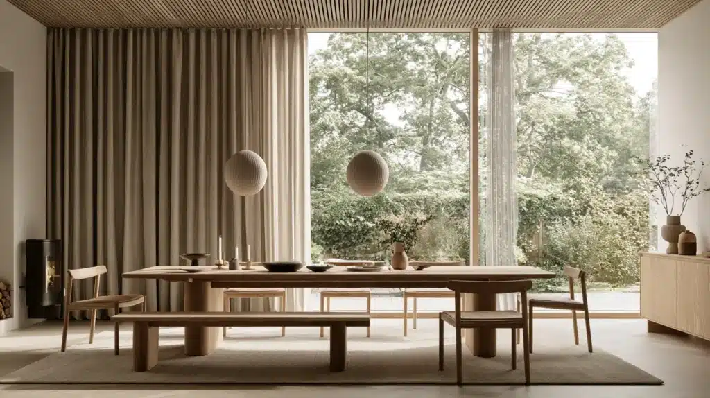 Spisestue med træmøbler, store vinduer og lange beige gardiner fra loft til gulv.