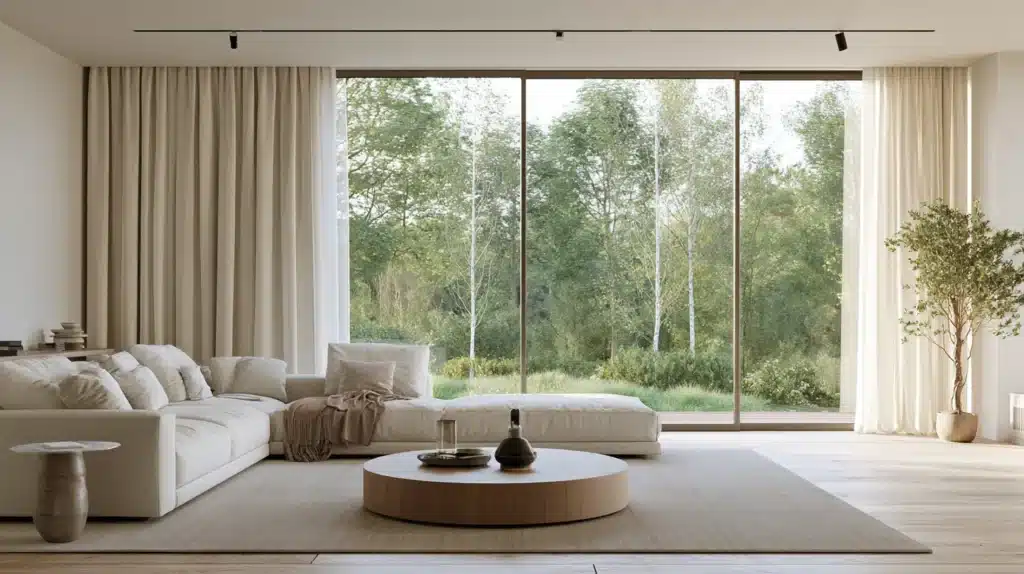 Moderne stue med lys sofa, rundt sofabord og lange gardiner foran et stort panoramavindue.