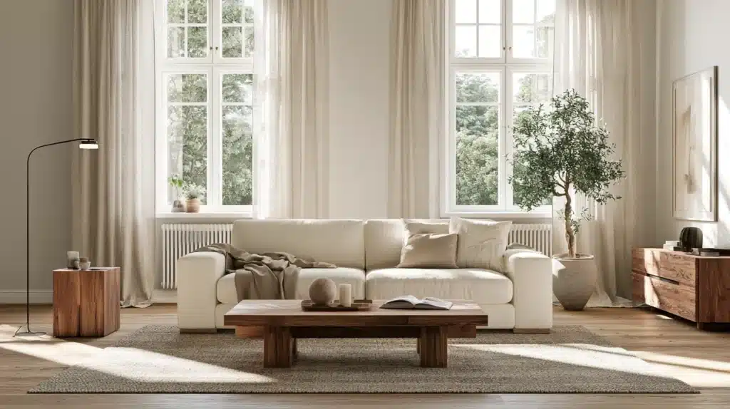 Lyse hørgardiner foran store vinduer i en moderne stue med sofa og sofabord.