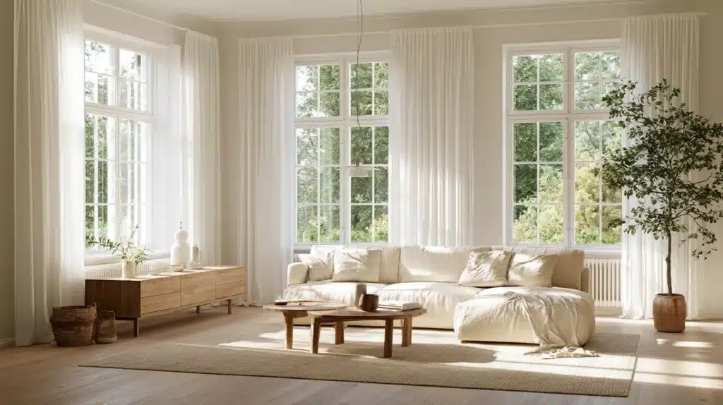 Lys stue med hvide gardiner foran flere store vinduer, en sofa og et lavt sofabord.