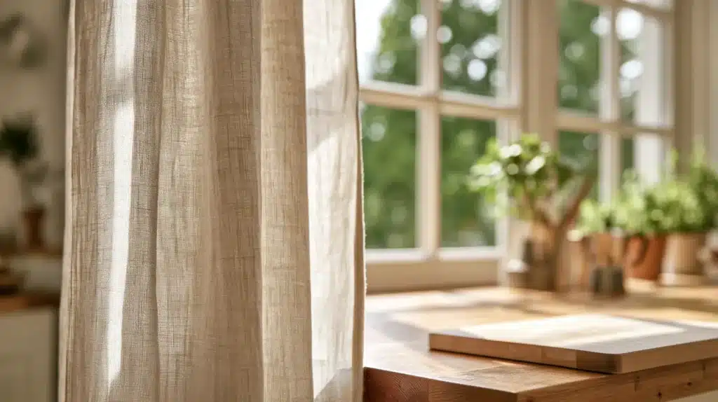 Lyse, lette gardiner i køkkenvinduet med en træbordplade og grønne planter i baggrunden.