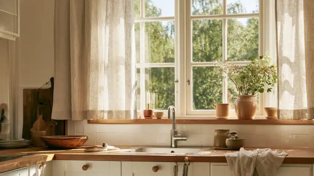 Hyggeligt køkken med lyse, lette gardiner omkring et stort vindue over køkkenvasken.