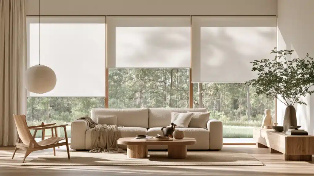 Flere lyse rullegardiner foran store vinduer i en nordisk indrettet stue med sofa og lænestol.