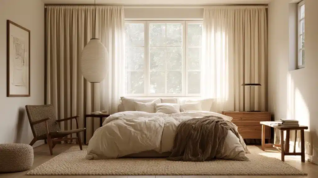 Lyst soveværelse med gulvlange beige gardiner omkring et vindue og en redt seng.