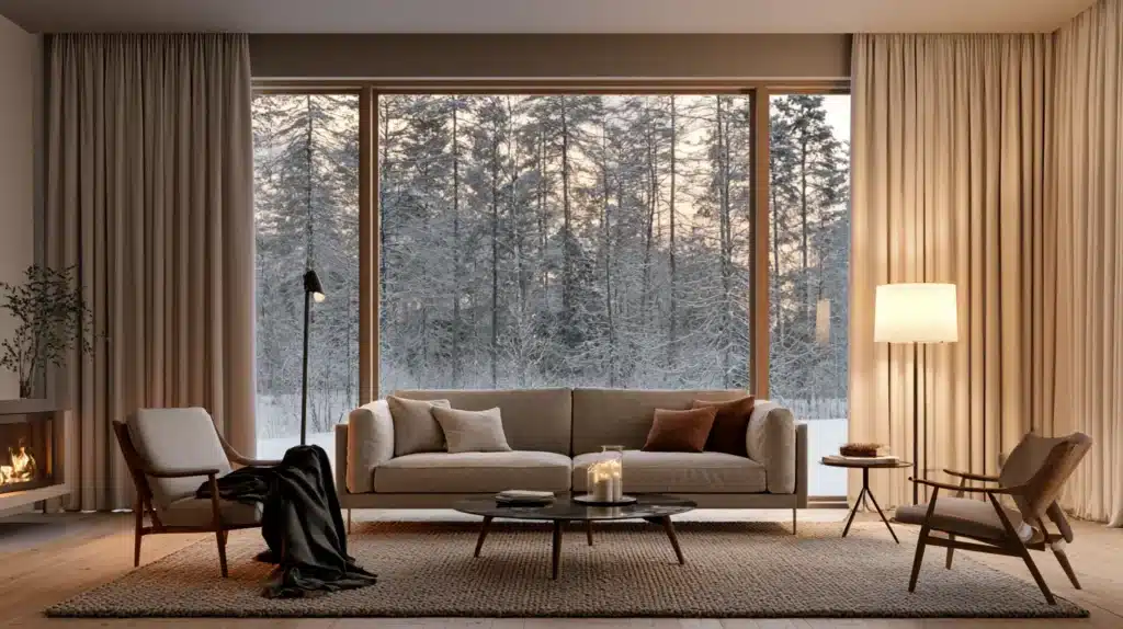 Stue med store panoramavinduer, lyse isolerende gardiner og udsigt til en snedækket skov.