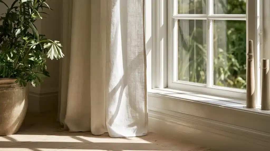 Lyse, lette gardiner hænger ved et stort vindue med grønne planter udenfor.