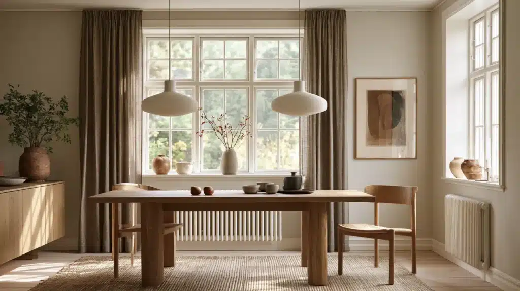 Lyse gardiner ved store vinduer i en moderne spisestue med træmøbler.