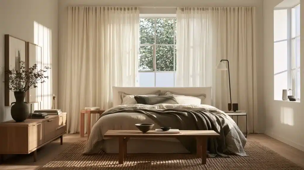 Lange beige gardiner ved et stort vindue i et lyst soveværelse.