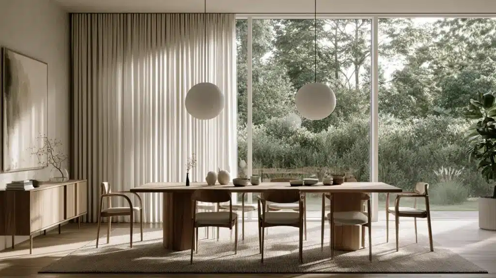 Lange lyse gardiner indrammer store vinduer i en moderne spisestue.