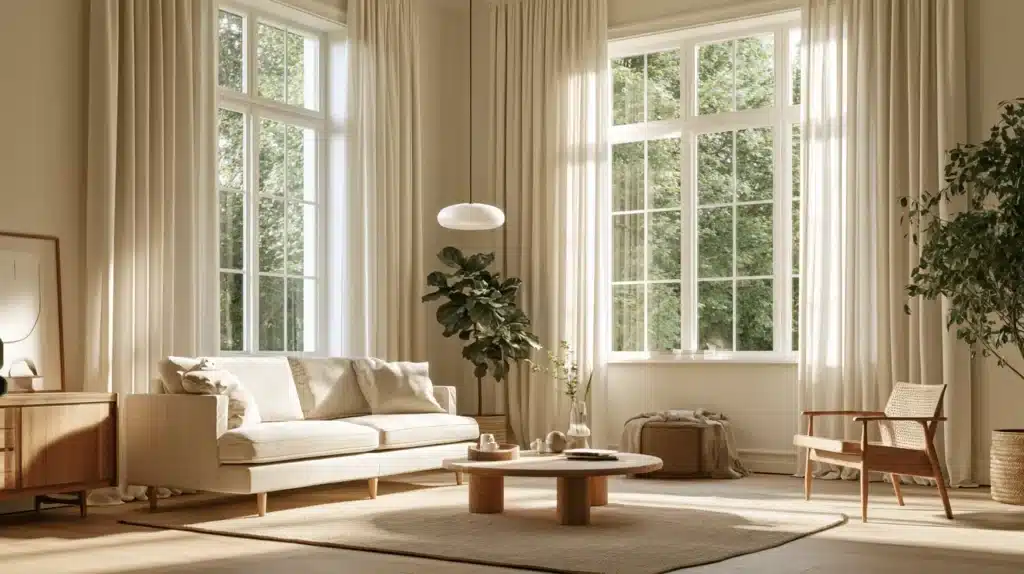 Lange lyse gardiner ved store vinduer i en stue med sofa og planter.