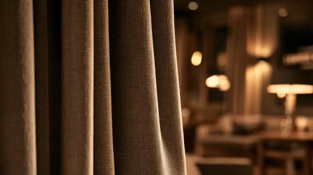 Nærbillede af beige loungegardiner med bløde folder foran en elegant, varmt belyst stue.